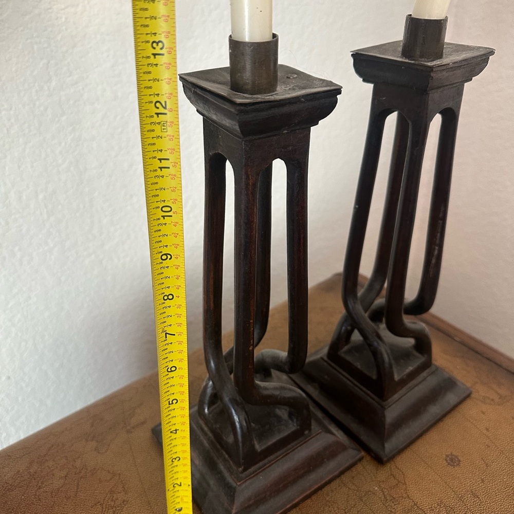 Tall Arts and crafts carved mahogany Candle Holders
With brass wax catcher